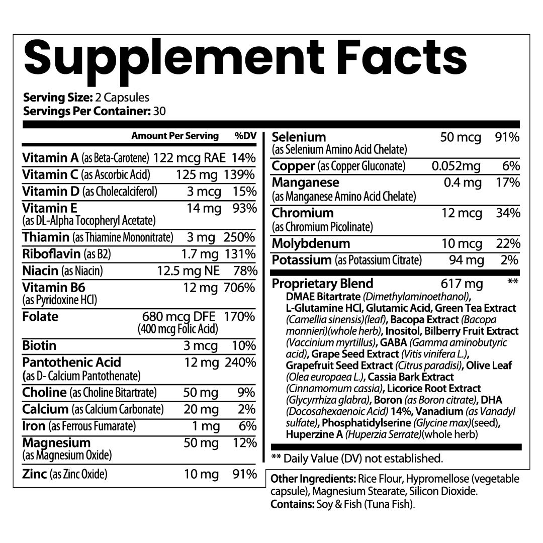 Supplement facts label with detailed nutritional information on a white background