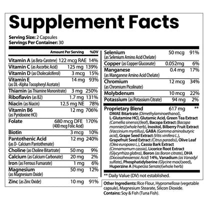 Supplement facts label with detailed nutritional information on a white background
